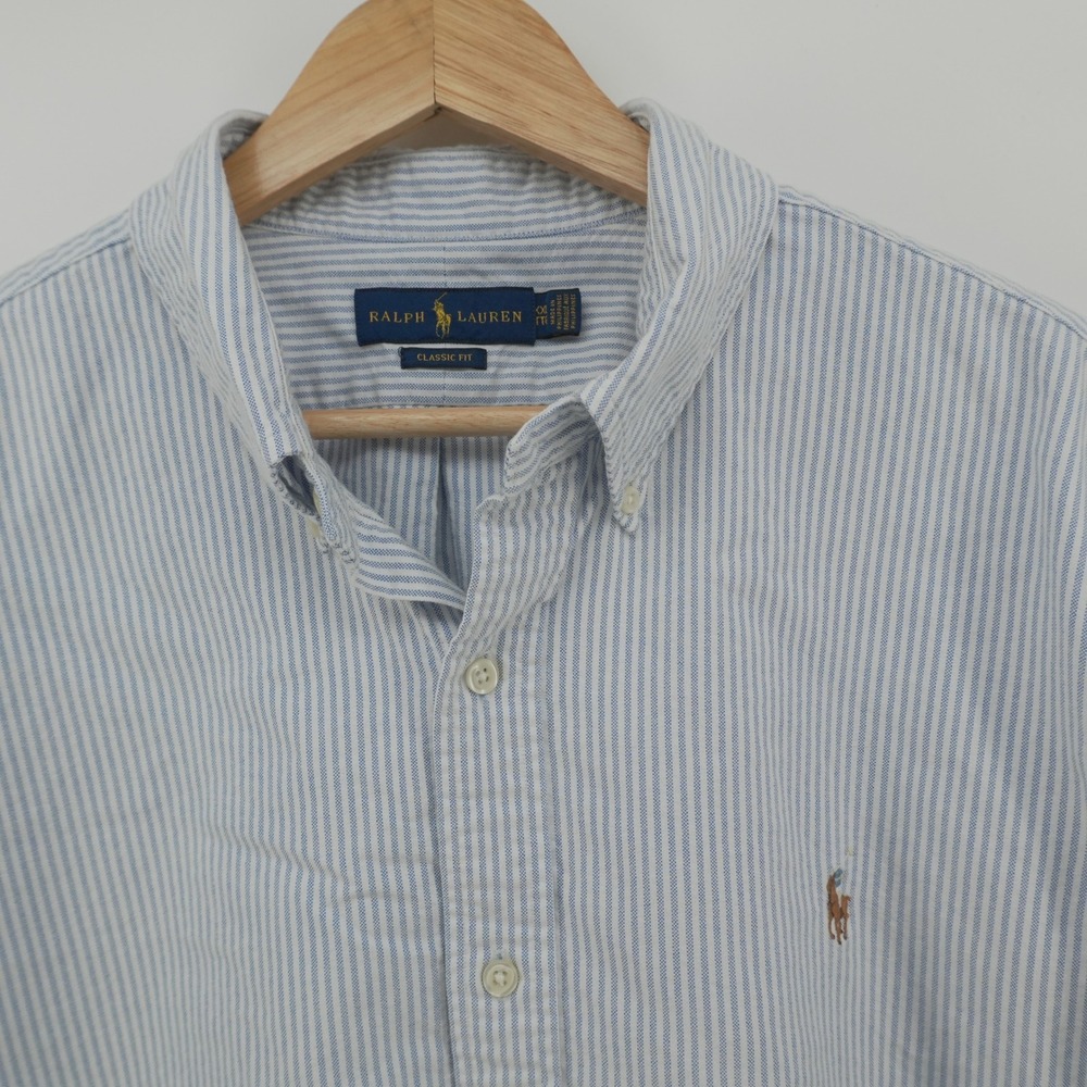 Ralph Lauren Button Down Shirt Mens XXL Blue White Striped Classic Fit Cotton